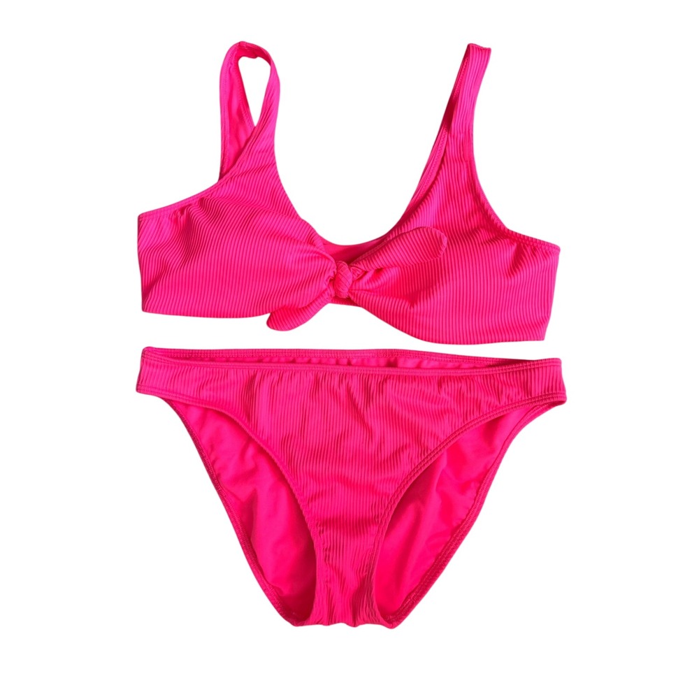 Hollister Bikini Set XL L Neon‎ Pink Ribbed Front Tie Bralette Hipster Swimsuit
